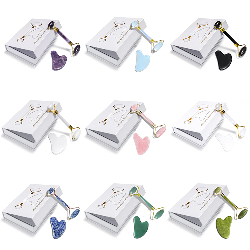 Jade Roller Gua Sha - Rosenquarz Natürlicher Jade-Roller Massagegerät Guasha-Set Obsidian