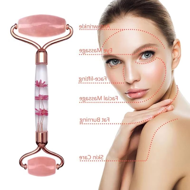 Jade Roller Gua Sha - Rosenquarz Ewige Blumen-Roller Gesichtsmassagegerät für Guache-Schaber